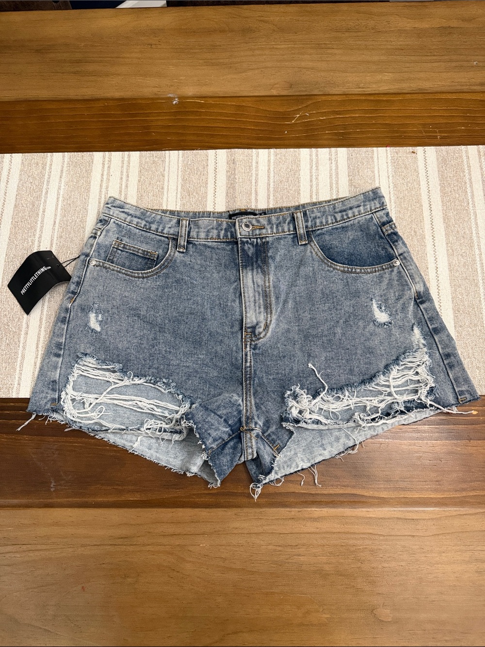 PrettyLittleThing Distressed Light Blue High-Rise Denim Shorts